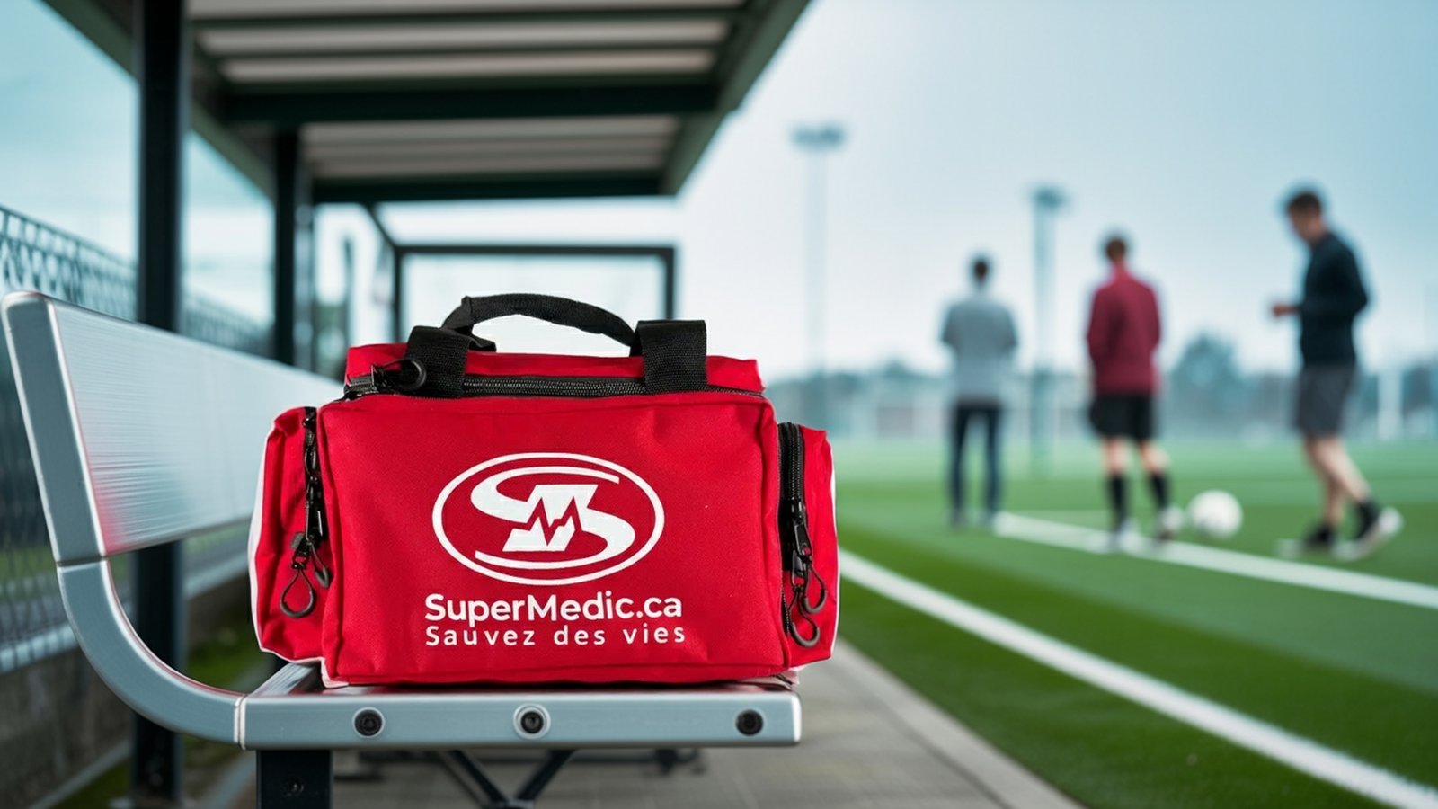Trousse de premiers secours rouge SuperMedic posée sur le banc des joueurs au bord d'un terrain de soccer