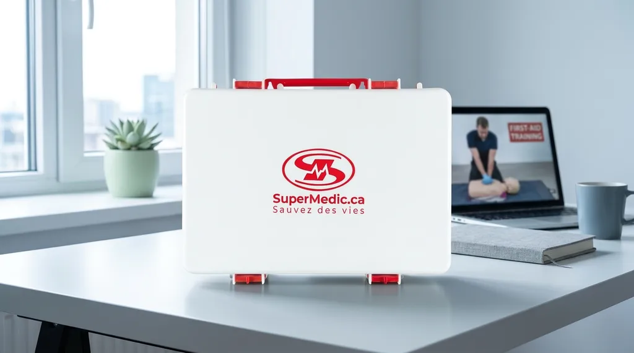 Mallette de premiers soins SuperMedic pres d'un ordinateur portable affichant une formation en ligne, sur un bureau clair.