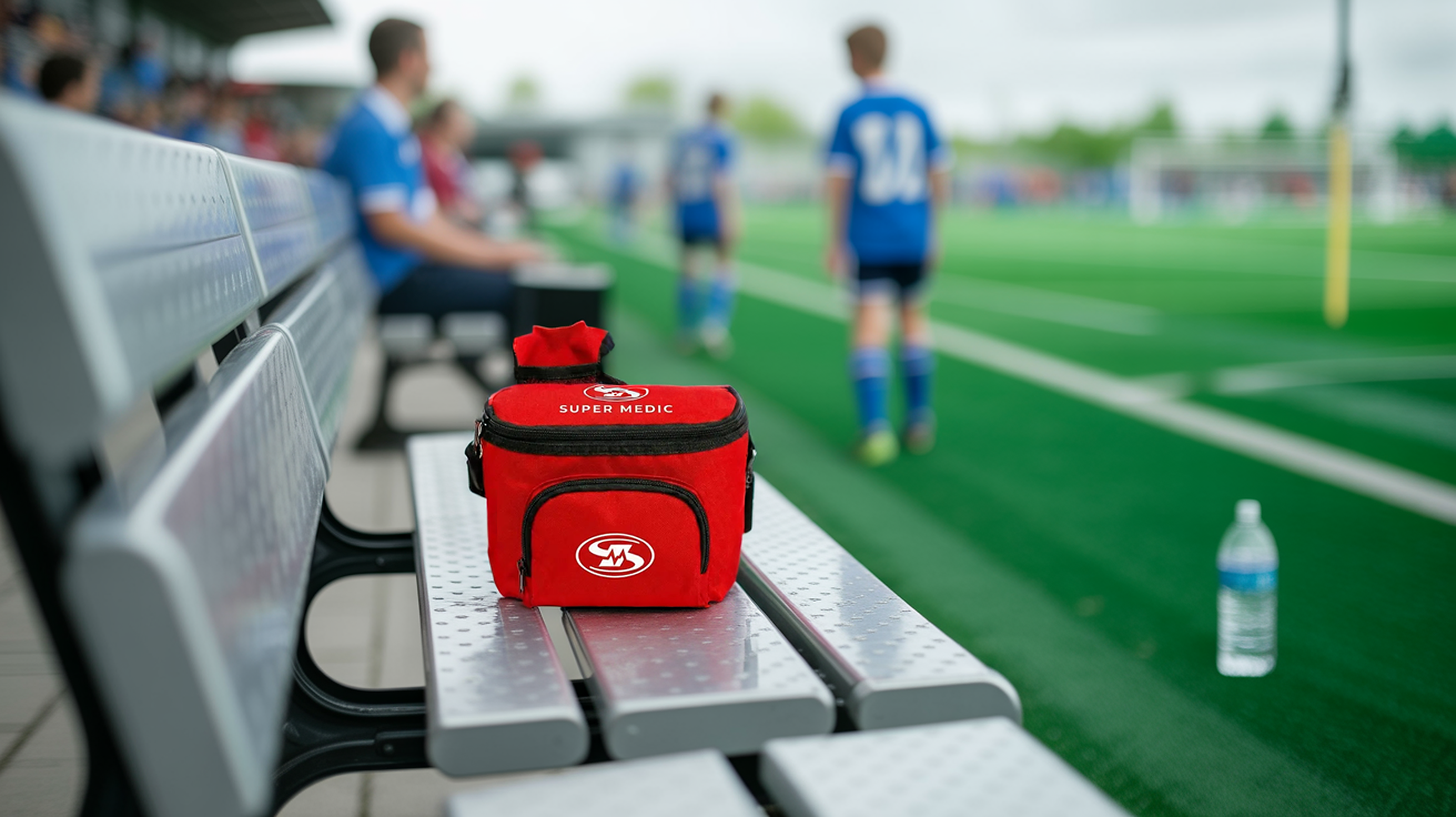 Trousse de premiers soins ceinturon SuperMedic sur un banc en bordure d'un terrain de soccer