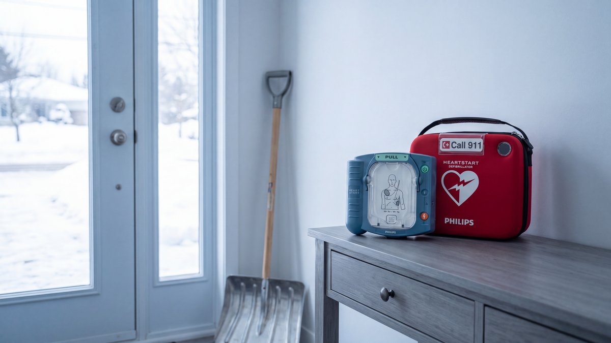 Défibrillateur Philips HeartStart SuperMedic posé sur une console grise dans une entrée de maison québécoise, pelle à neige appuyée près de la porte en hiver