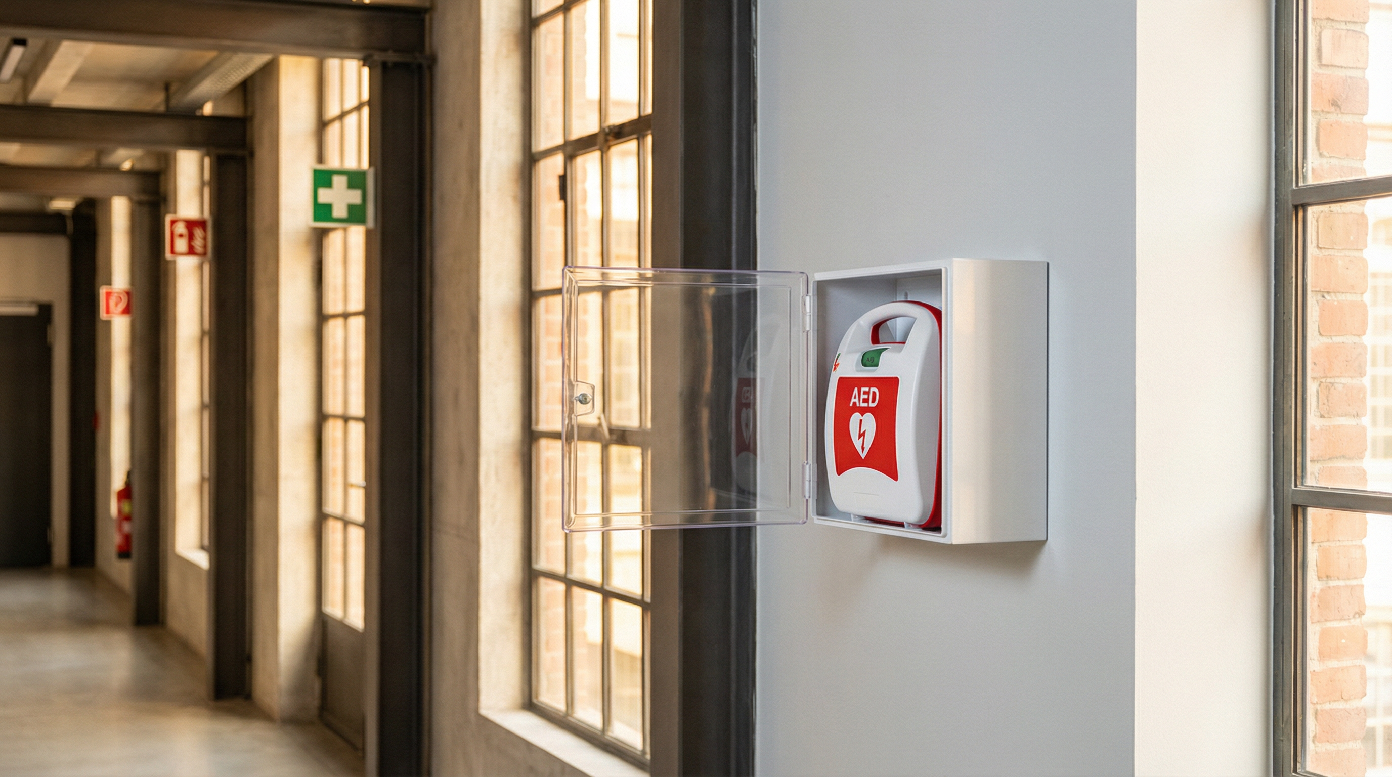 Défibrillateur externe automatisé (DEA) installé dans un couloir de bureau industriel — guide DEA milieu de travail 2026