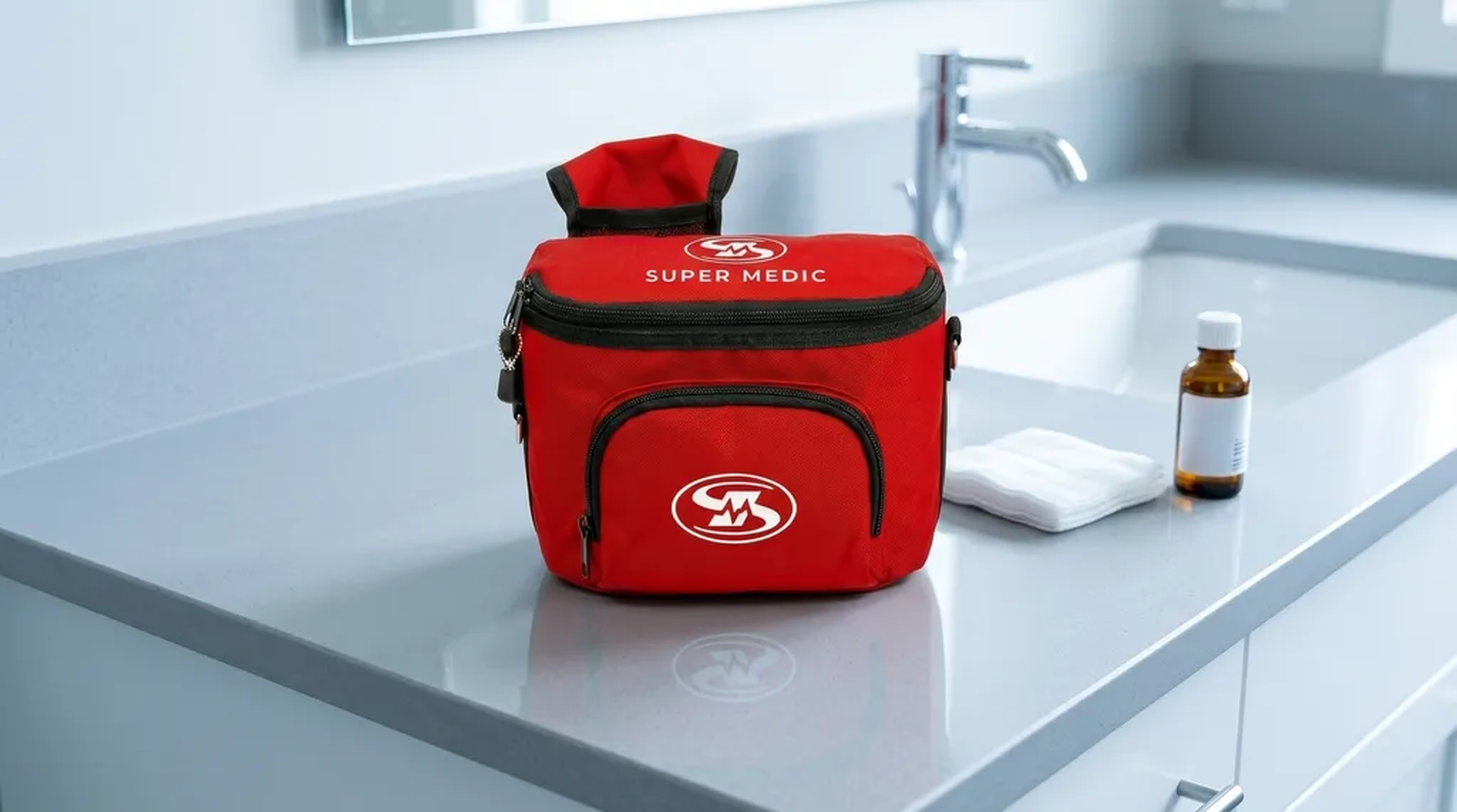 Trousse de premiers soins souple rouge SuperMedic sur un comptoir de salle de bain propre, avec compresses de gaze et antiseptique.