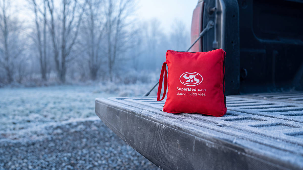 Trousse de premiers secours véhicule en nylon SuperMedic posée sur le hayon givré d'un véhicule au petit matin, arbres givrés et brume froide à l'arrière-plan
