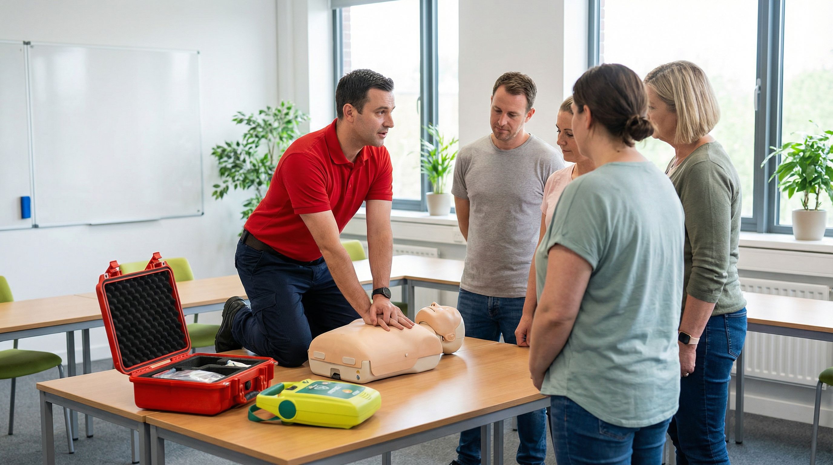 Formation premiers soins au Québec — instructeur démontrant le RCR sur mannequin avec DEA et trousse de premiers soins