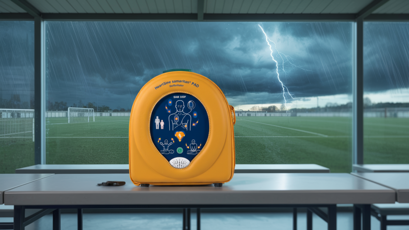 Défibrillateur DEA HeartSine Samaritan dans un pavillon sportif, ciel d'orage visible par la fenêtre