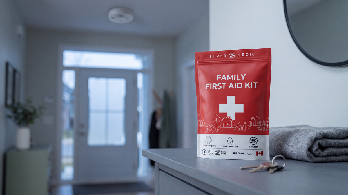 Trousse de premiers soins SuperMedic pour familles posée près d'une porte d'entrée, prête pour une évacuation