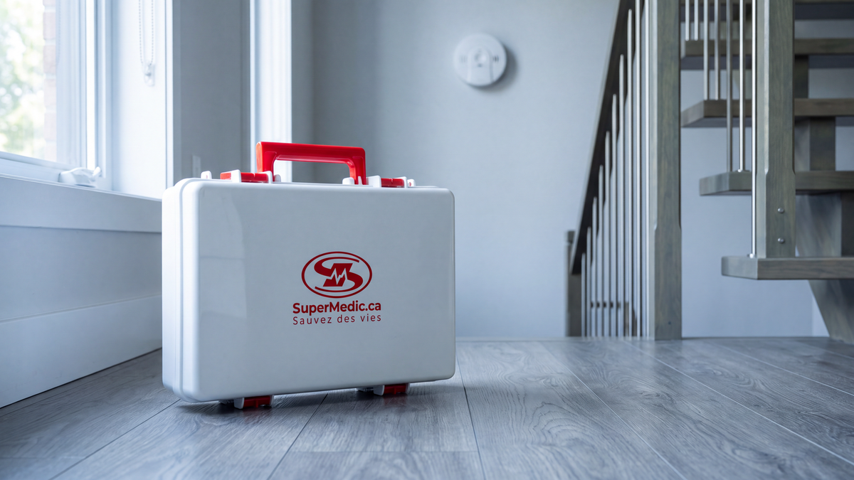 Mallette de premiers soins SuperMedic posée sur un plancher gris dans l'entrée d'une maison québécoise, avertisseur de monoxyde de carbone visible au mur