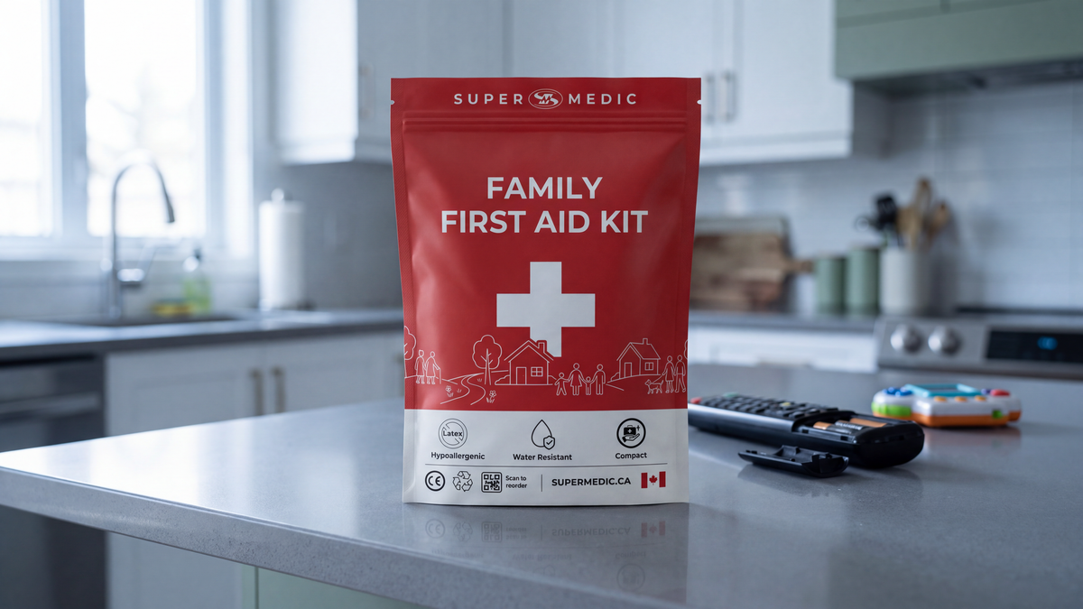 Trousse de premiers soins pour familles SuperMedic sur un comptoir de cuisine gris, télécommande au compartiment à piles ouvert et jouet électronique à côté