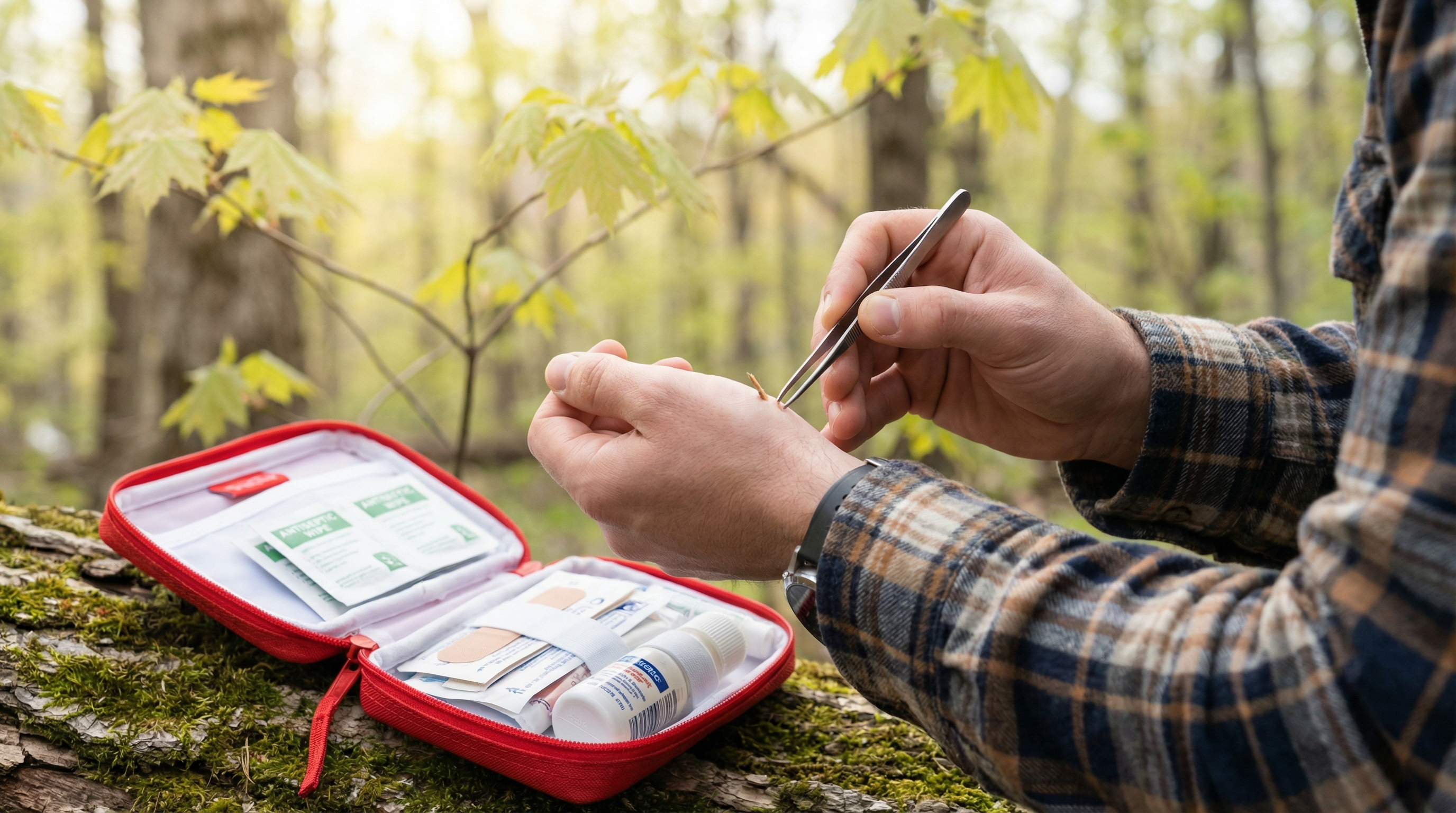 Personne retirant une tique avec une pince fine en forêt — premiers soins piqûre de tique