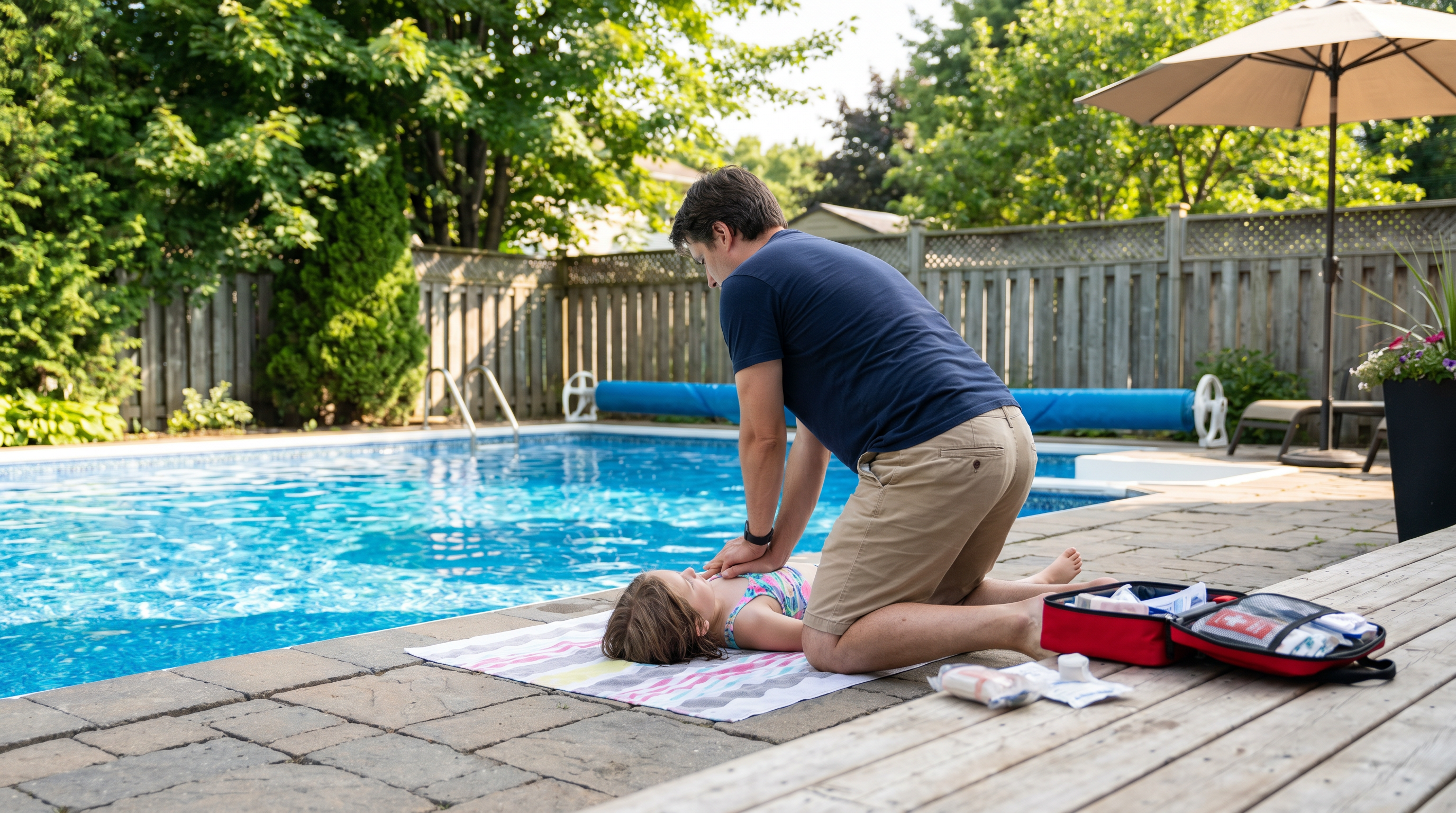 Premiers soins RCR en cas de quasi-noyade dans une piscine résidentielle — sécurité aquatique à domicile