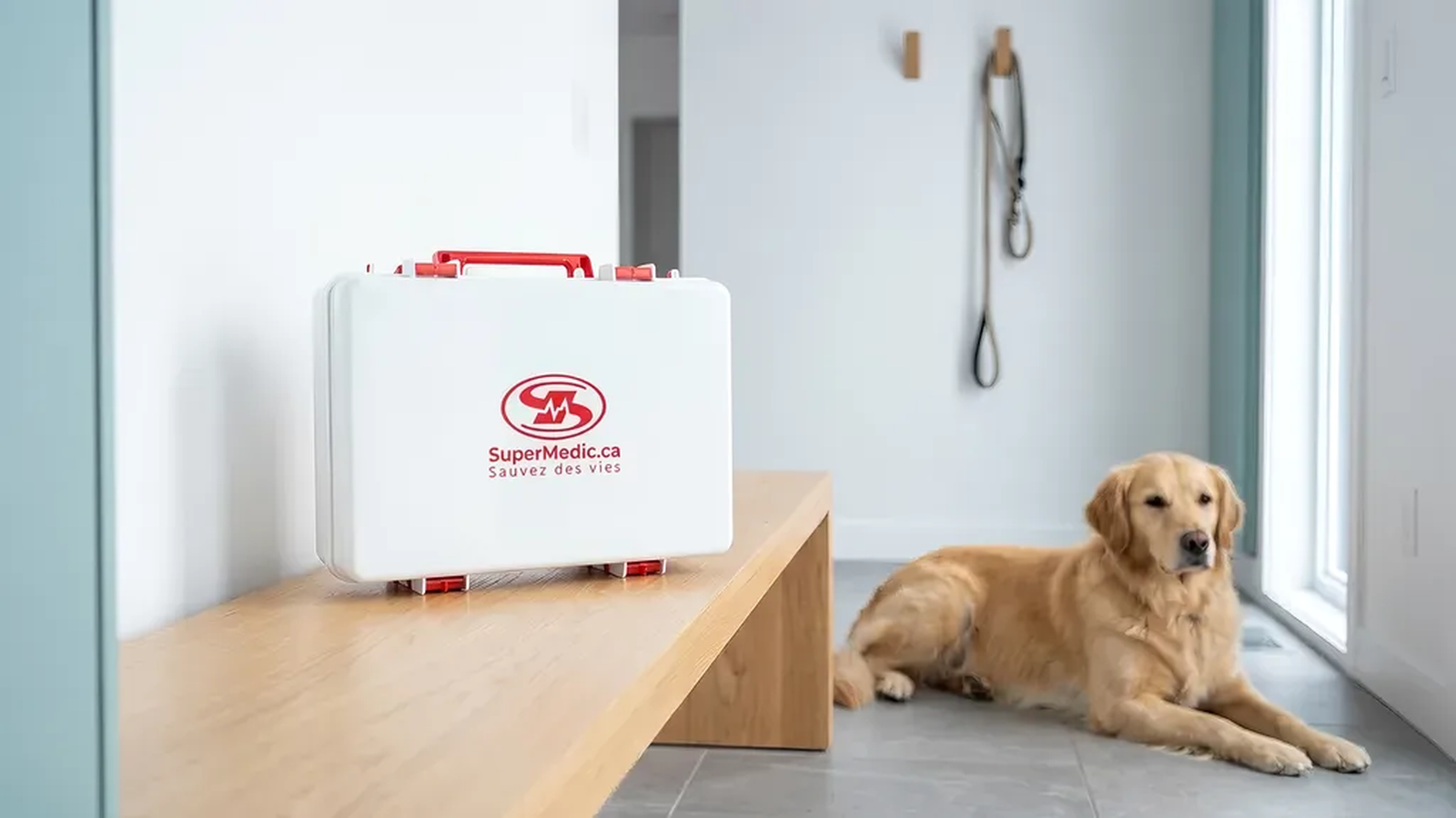 Trousse de premiers soins SuperMedic sur un banc de bois dans une entrée de maison, avec un chien golden retriever couché à côté