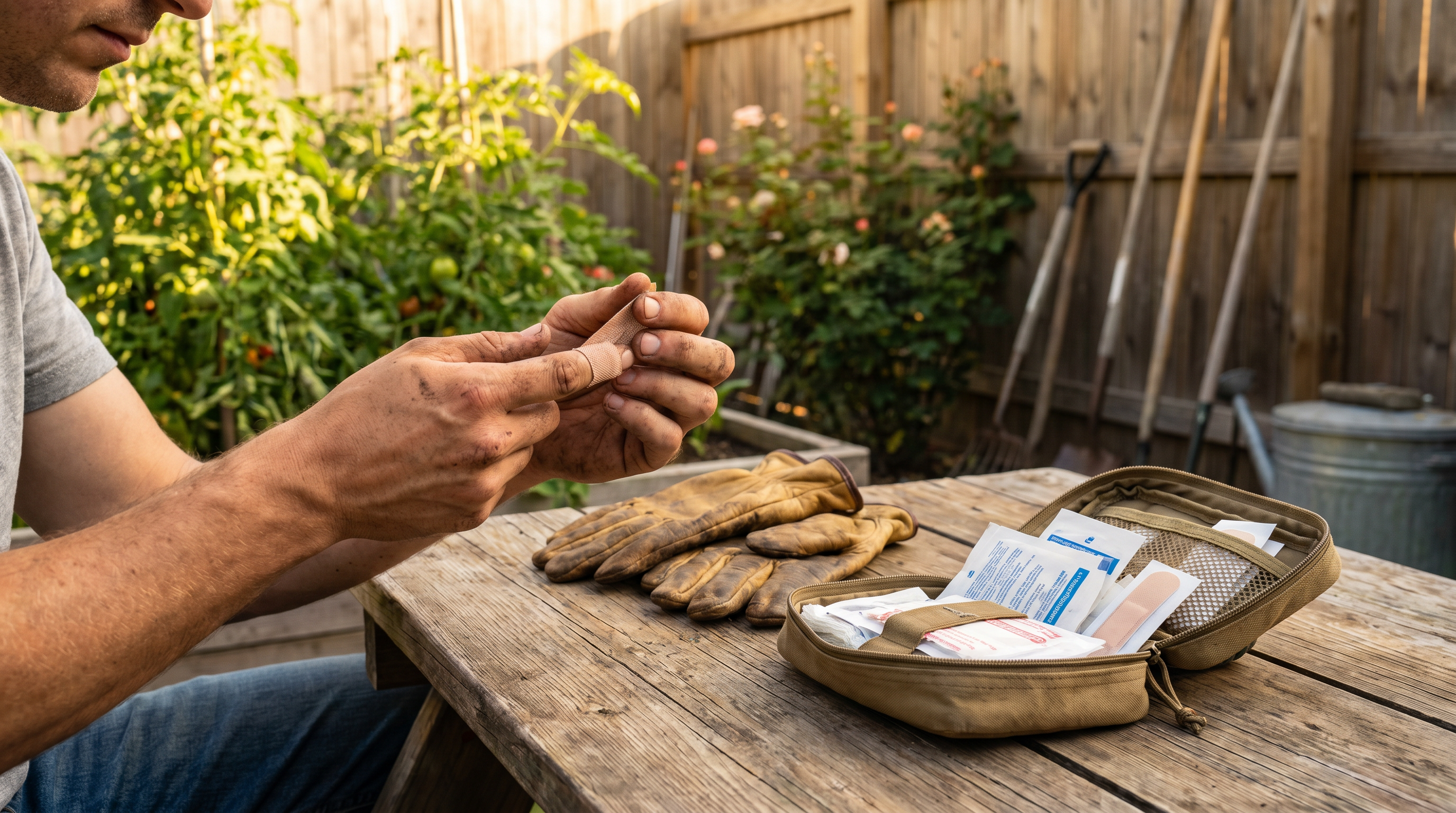 Premiers soins bricolage et jardinage — pansement après coupure au jardin