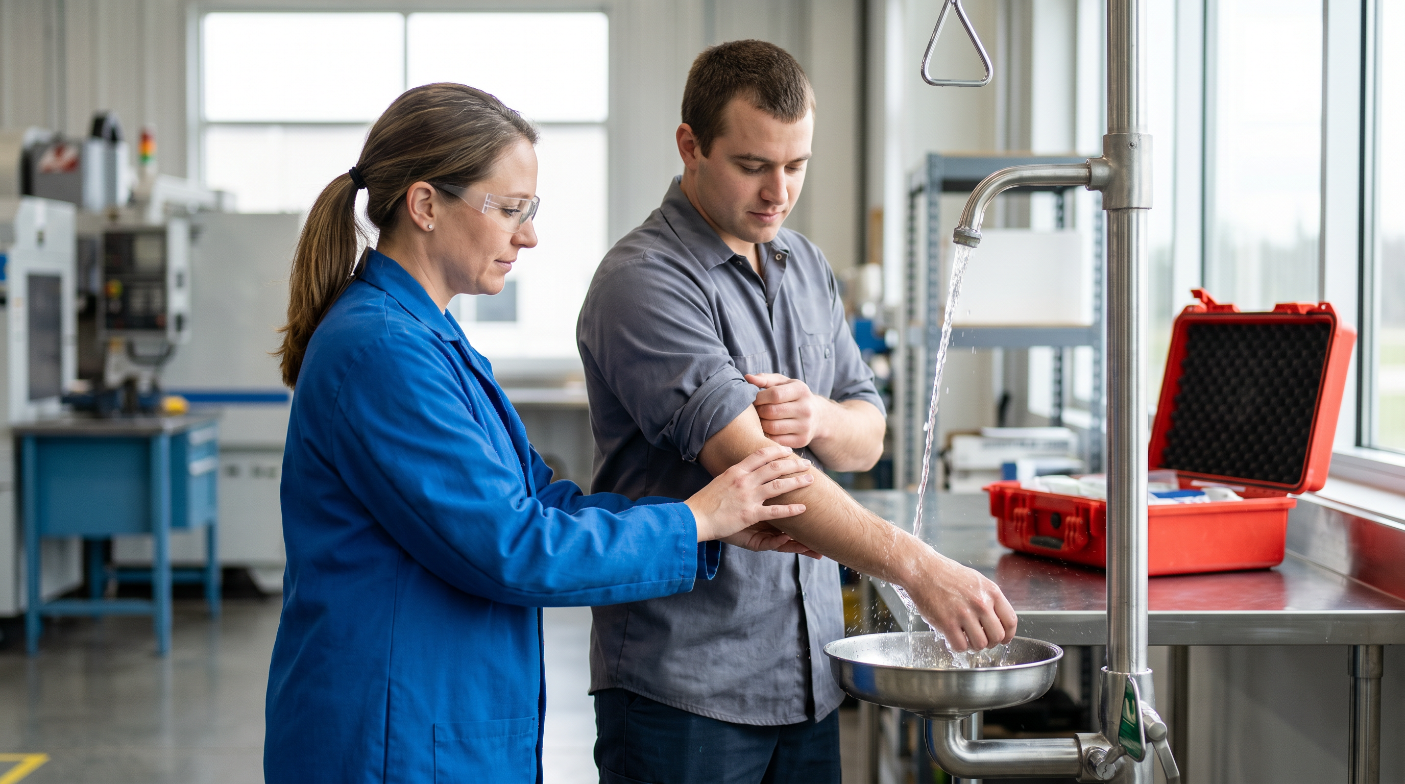 Premiers soins brûlure chimique — rinçage immédiat à l'eau