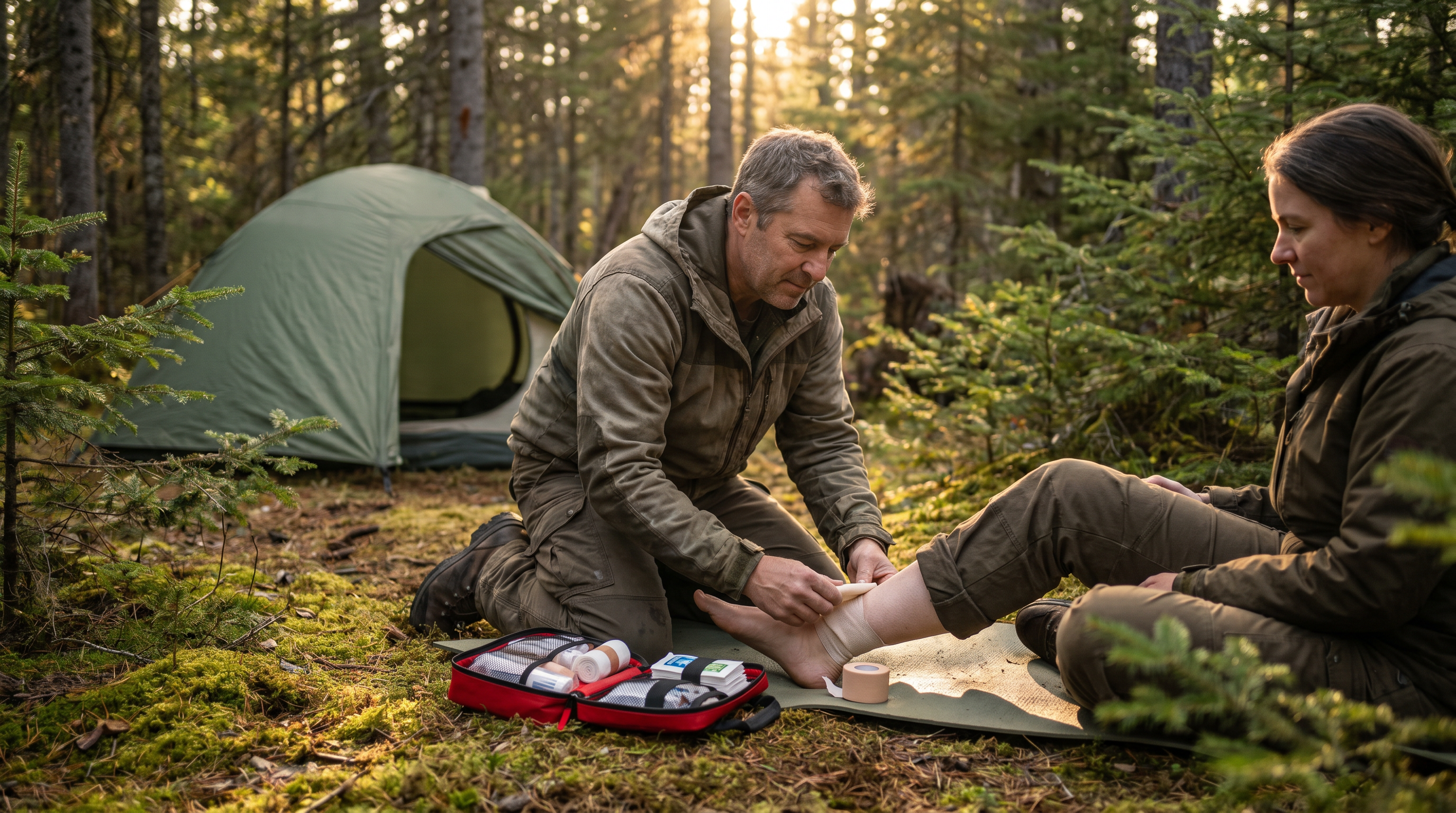 Campeur en forêt boréale québécoise appliquant des premiers soins sur une cheville blessée — trousse de premiers soins ouverte au sol