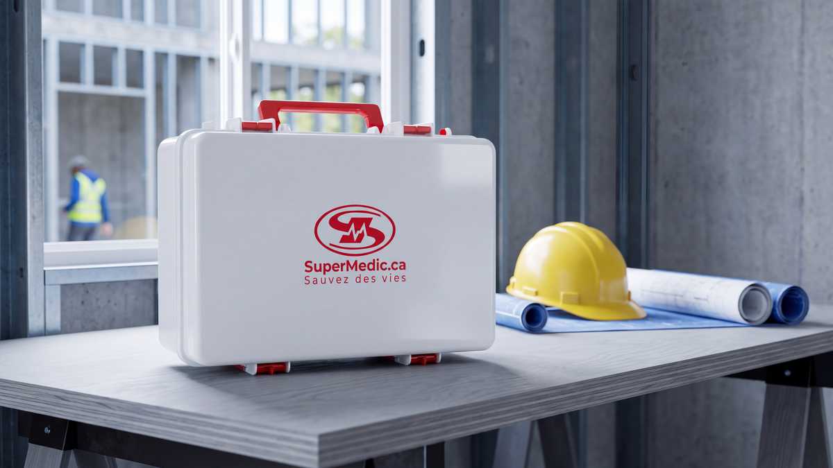 Trousse de premiers secours SuperMedic conforme CSA Z1220 posée dans une roulotte de chantier de construction