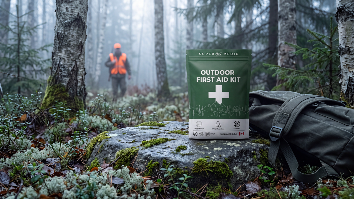 Trousse de secours plein air SuperMedic posée sur une roche moussue dans une forêt québécoise brumeuse, chasseur en dossard orange en arrière-plan