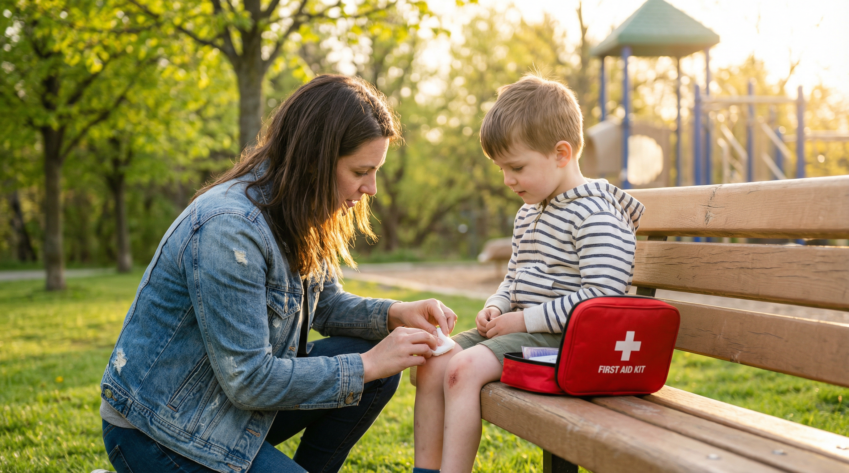 Parent soignant le genou éraflé d'un enfant dans un parc — premiers soins enfants