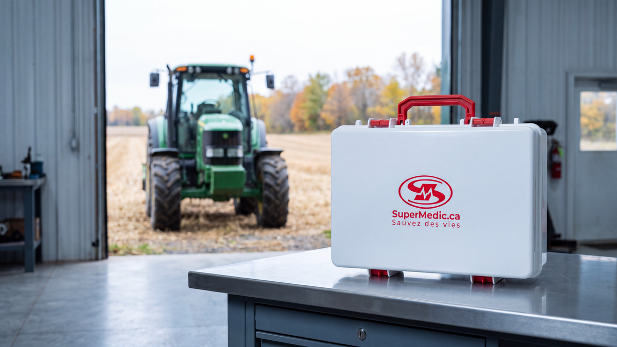 Trousse de premiers soins SuperMedic posée sur un établi d'atelier de ferme, tracteur et champ récolté à l'arrière-plan