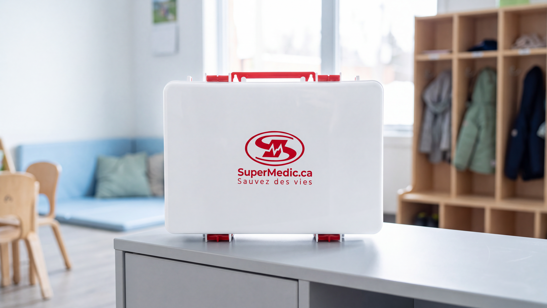 Trousse de premiers secours SuperMedic posée sur une tablette dans une salle de service de garde lumineuse