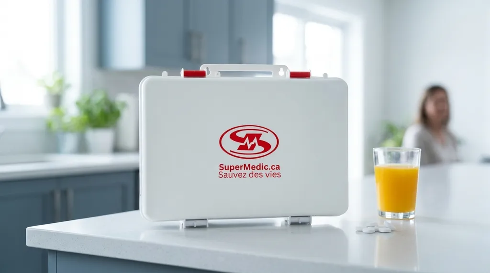 Mallette de premiers soins SuperMedic posée sur un comptoir de cuisine clair, à côté d'un verre de jus et de comprimés de sucre, une personne rassurée à l'arrière-plan