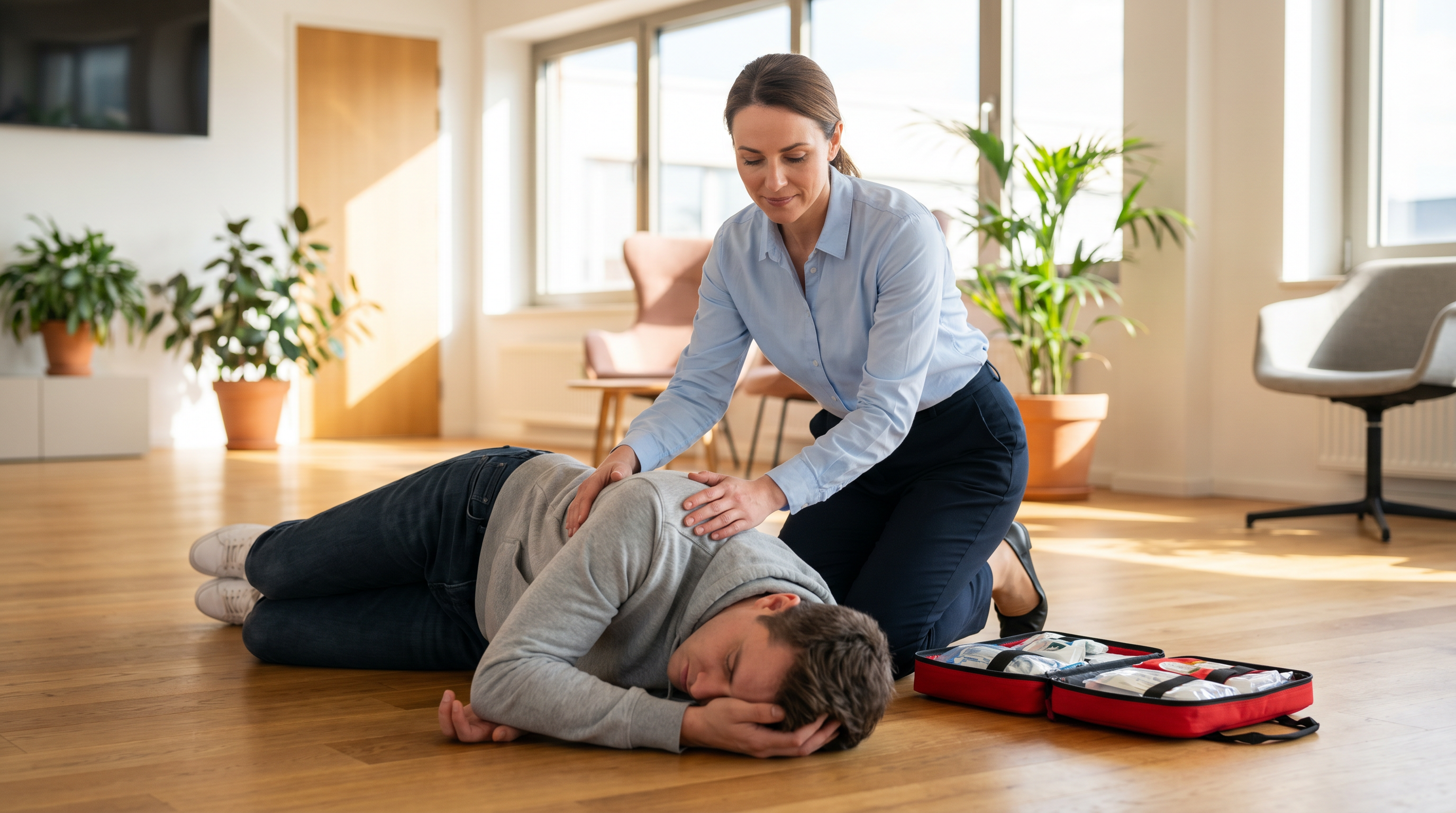 Secouriste plaçant une personne inconsciente en position latérale de sécurité (PLS)