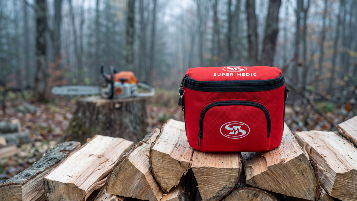 Trousse de premiers secours ceinturon SuperMedic rouge posée sur une corde de bois fendu dans une forêt québécoise brumeuse d'automne, scie à chaîne au repos en arrière-plan