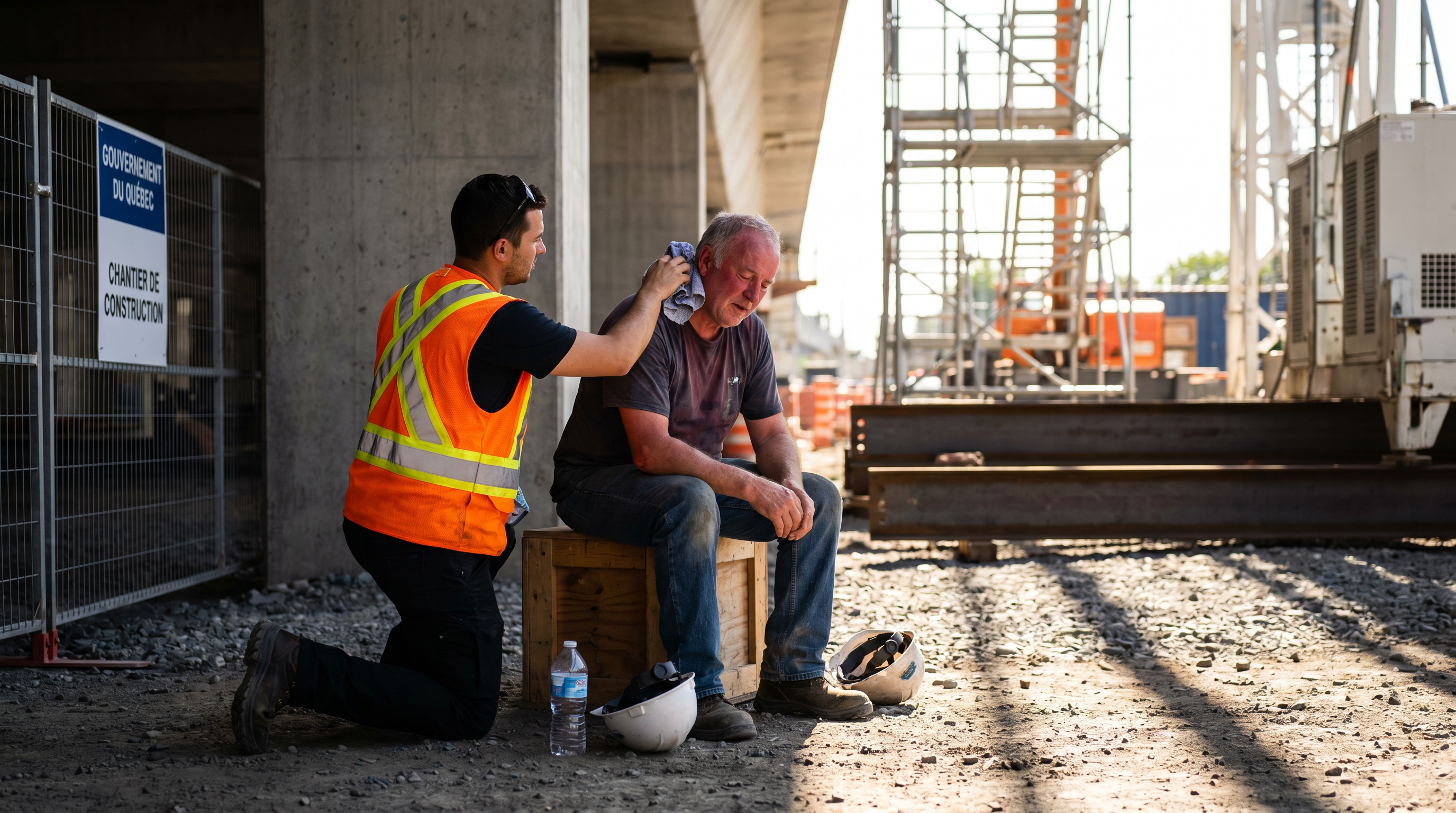 Agent de sécurité appliquant une compresse froide sur un travailleur épuisé par la chaleur sur un chantier québécois