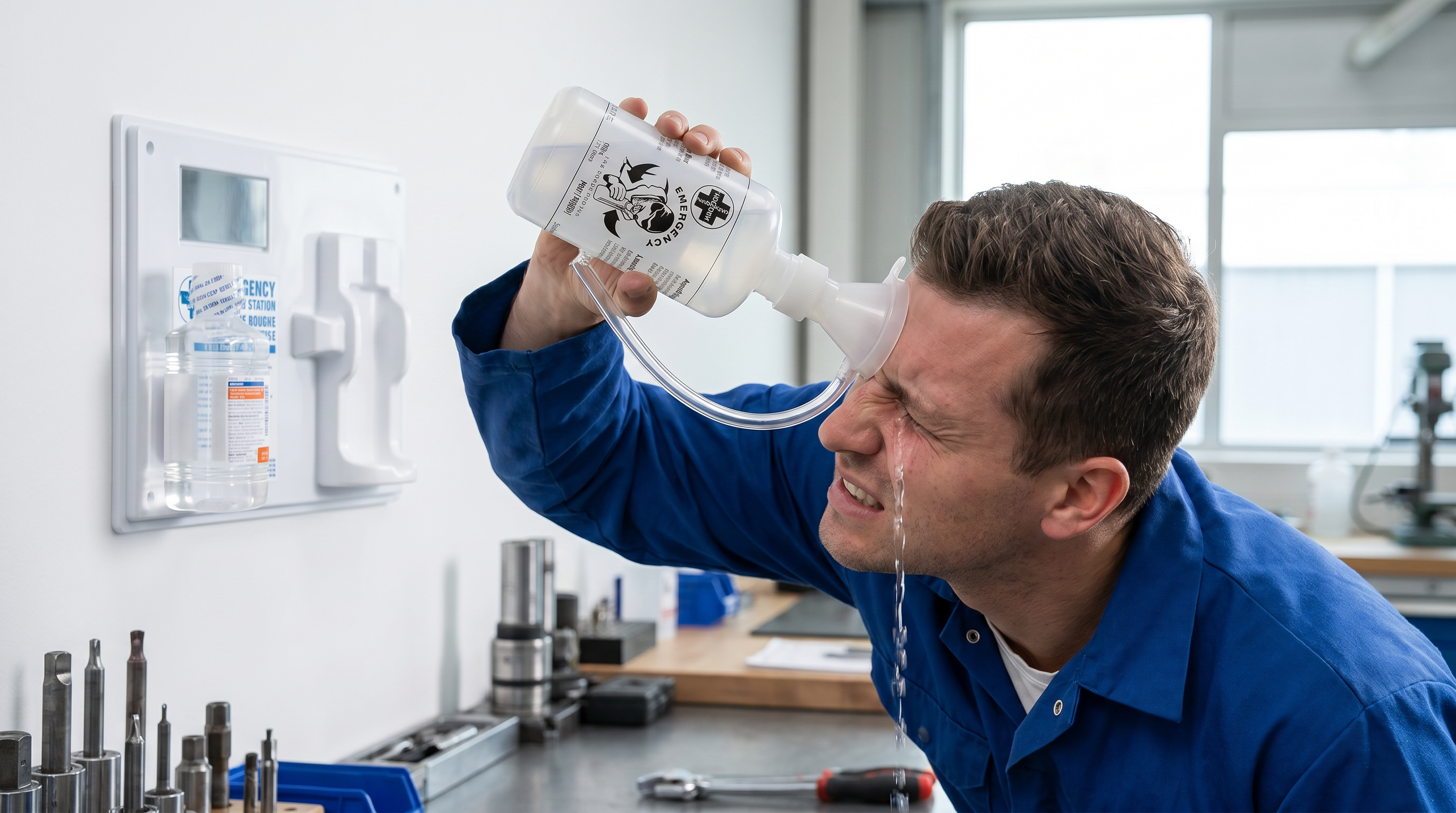 Travailleur utilisant la douche oculaire SuperMedic pour rincer son œil en atelier — premiers soins urgence oculaire