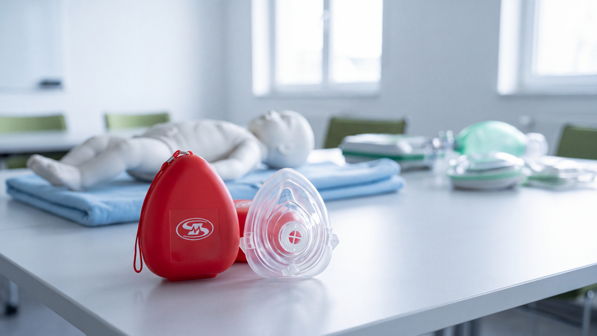 Masque de RCR de poche SuperMedic avec sa valve, posé près d'une trousse dans une salle claire