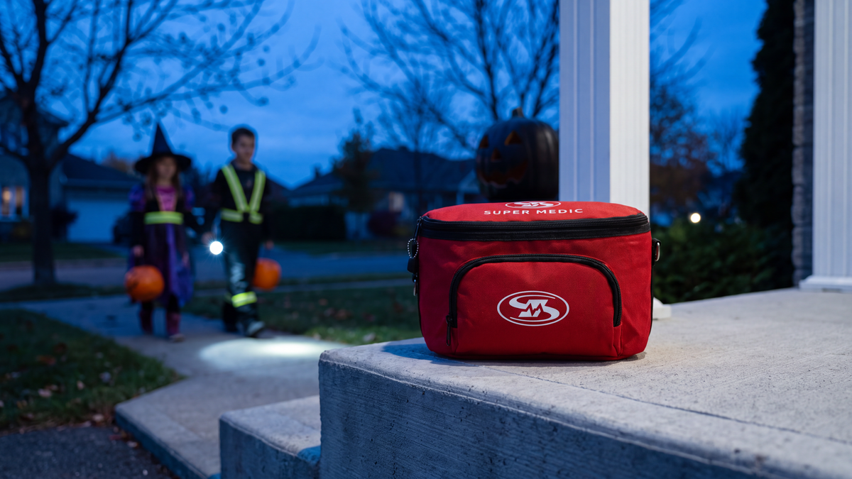 Trousse de premiers secours ceinturon SuperMedic sur une marche de perron, enfants costumés flous dans la rue au crépuscule