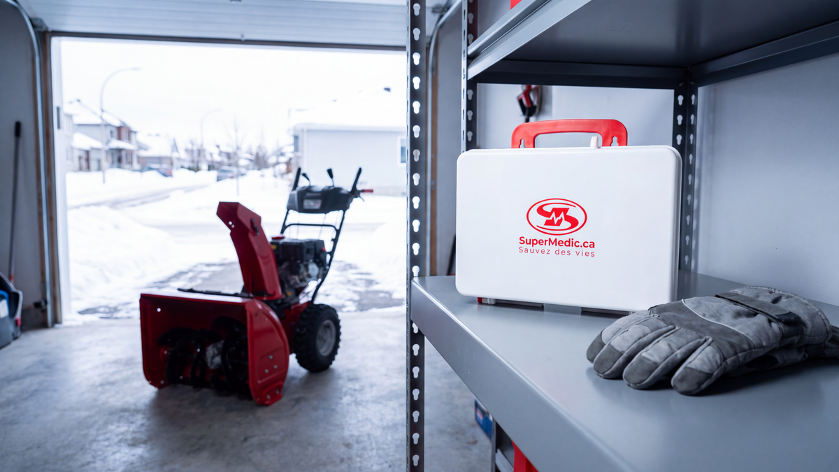 Trousse de premiers soins blanche SuperMedic sur une étagère de garage avec des gants d'hiver, souffleuse à neige rouge et entrée enneigée en arrière-plan