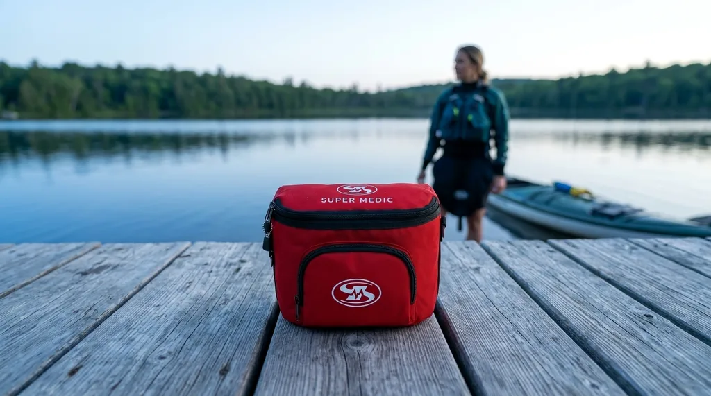 Pagayeuse portant une veste de flottaison sur un lac calme au lever du soleil, prête pour une sortie en kayak sécuritaire