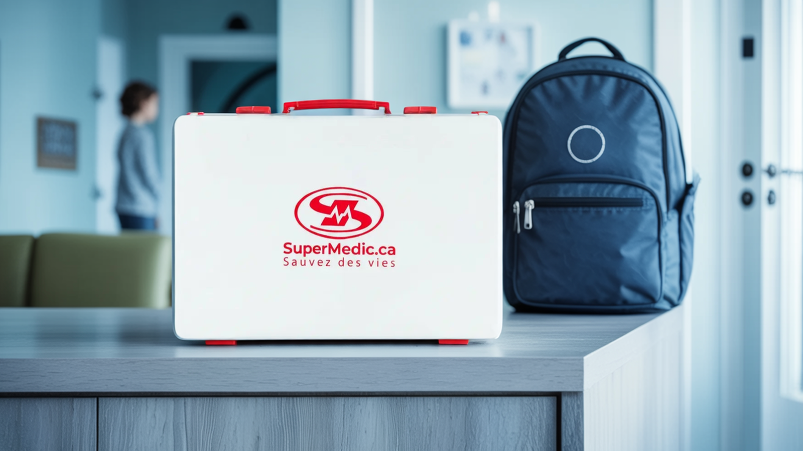 Trousse de premiers soins SuperMedic sur une console d'entrée, sac d'école en arrière-plan, matin de rentrée scolaire