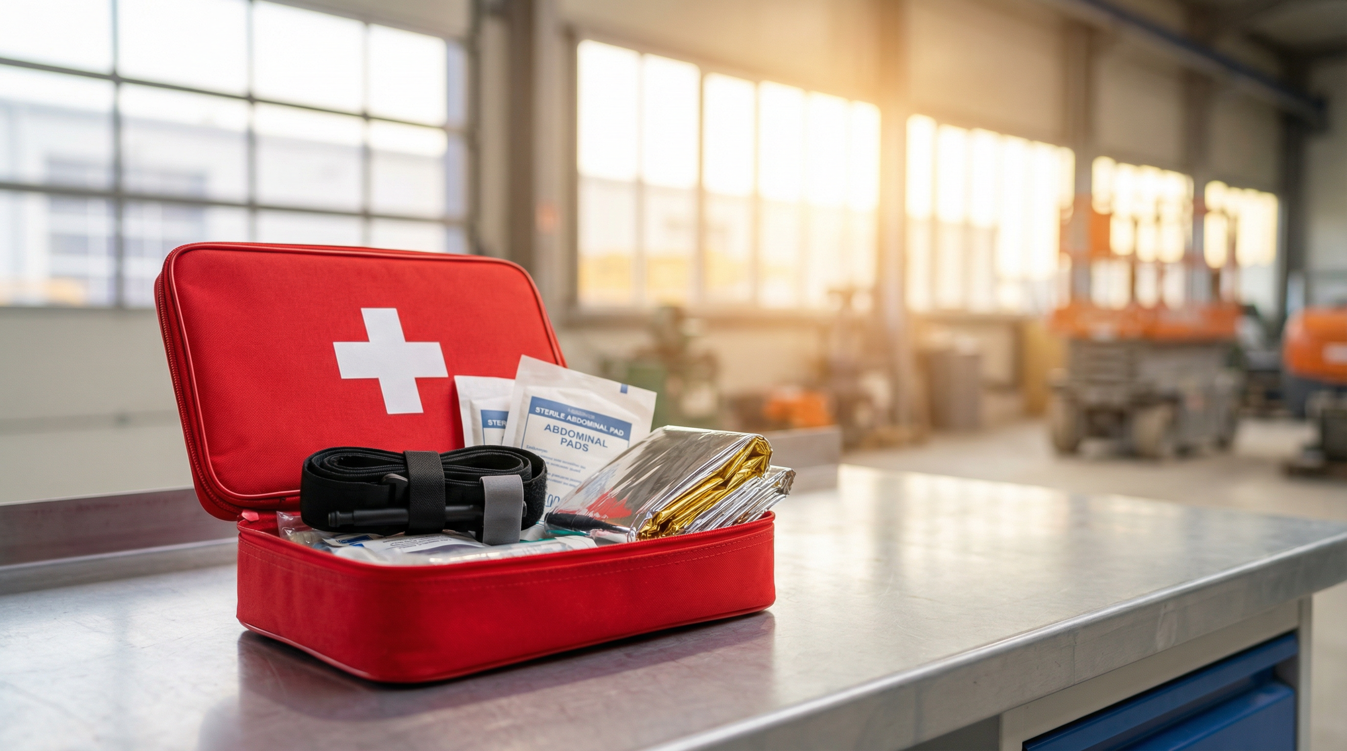 Trousse de premiers soins 2026 ouverte sur un établi industriel avec garrot, compresses abdominales et couverture de secours — nouvelles normes CSA Z1220-2024