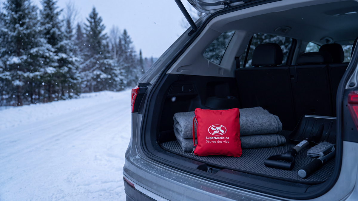 Trousse de premiers secours rouge SuperMedic pour véhicule dans le coffre d'un VUS, avec couverture grise, pelle et balai à neige, sur une route enneigée bordée de sapins