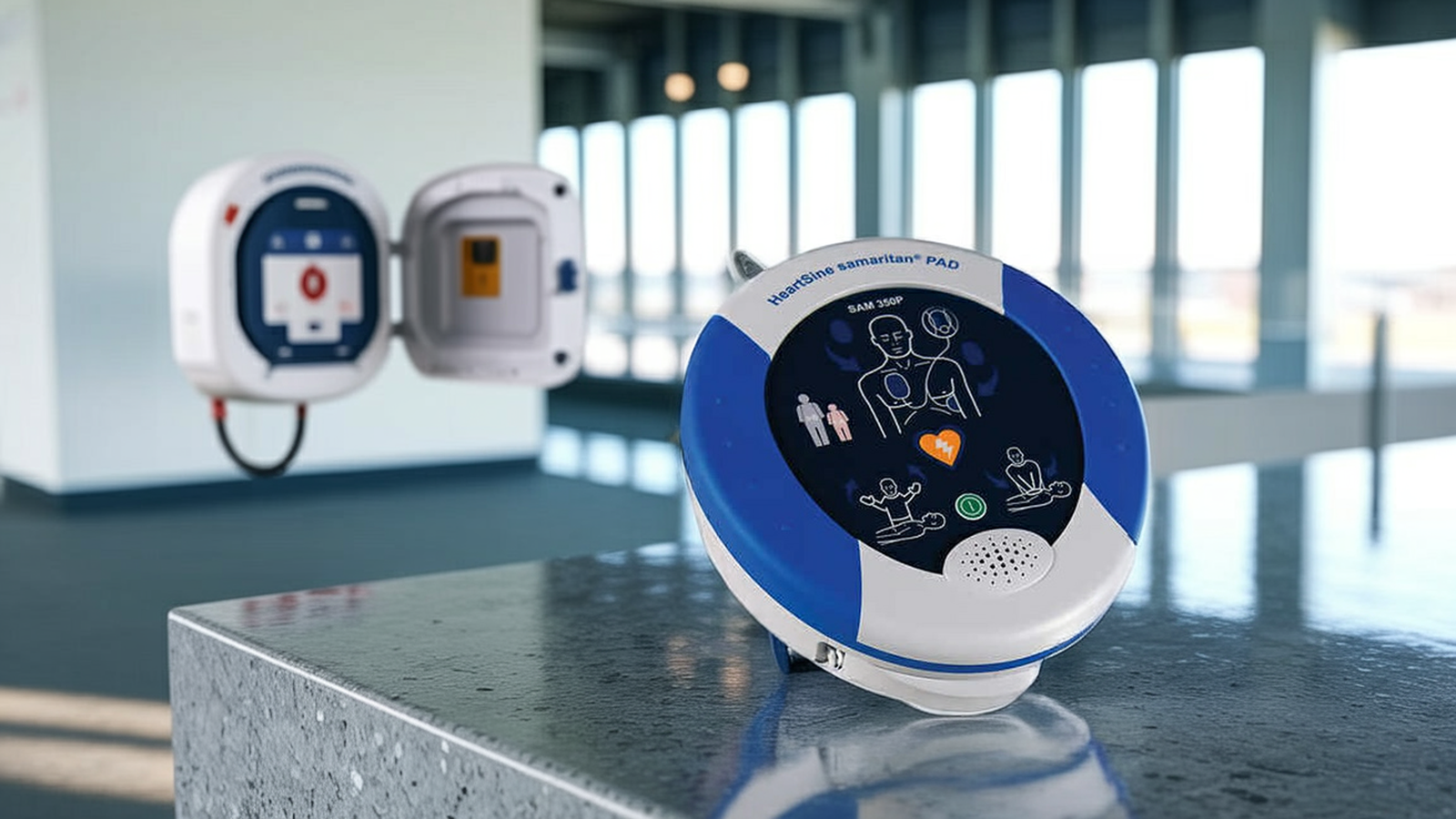 Défibrillateur HeartSine samaritan PAD 350P posé sur un comptoir de béton dans le hall d'un aréna