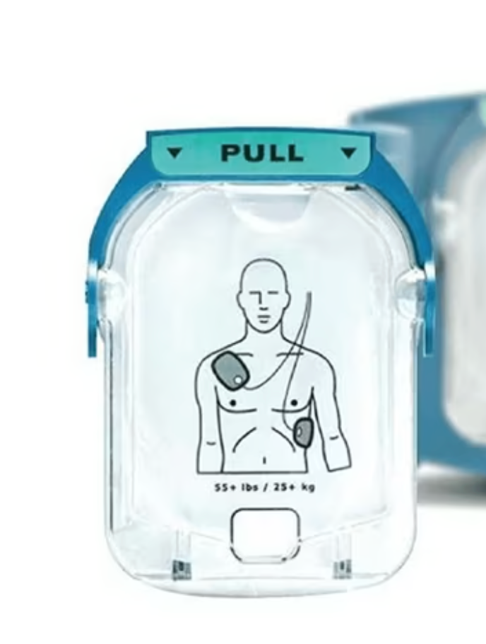 Pads de remplacement Philips pour adulte, de la marque SuperMedic, montrant les électrodes souples et adhésives.