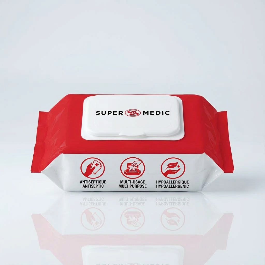 Lingettes antiseptiques SuperMedic professionnelles désinfection plaies nettoyage mains terrain
