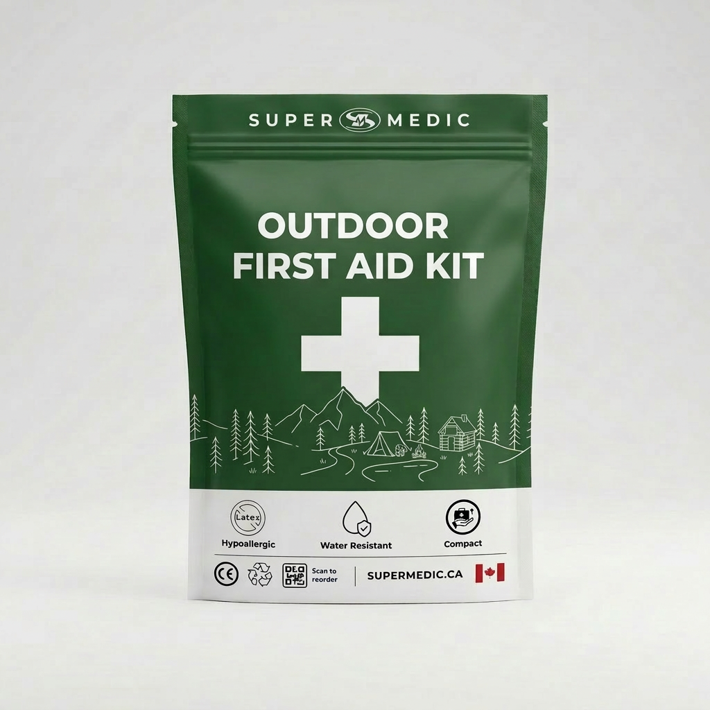 Trousse de secours plein air SuperMedic avec bandages, compresses et outils essentiels pour l’aventure en extérieur.