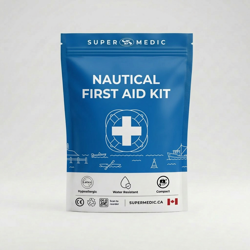 Trousse de secours nautique SuperMedic, contenant des fournitures de premiers secours pour la mer, dans une trousse compacte.