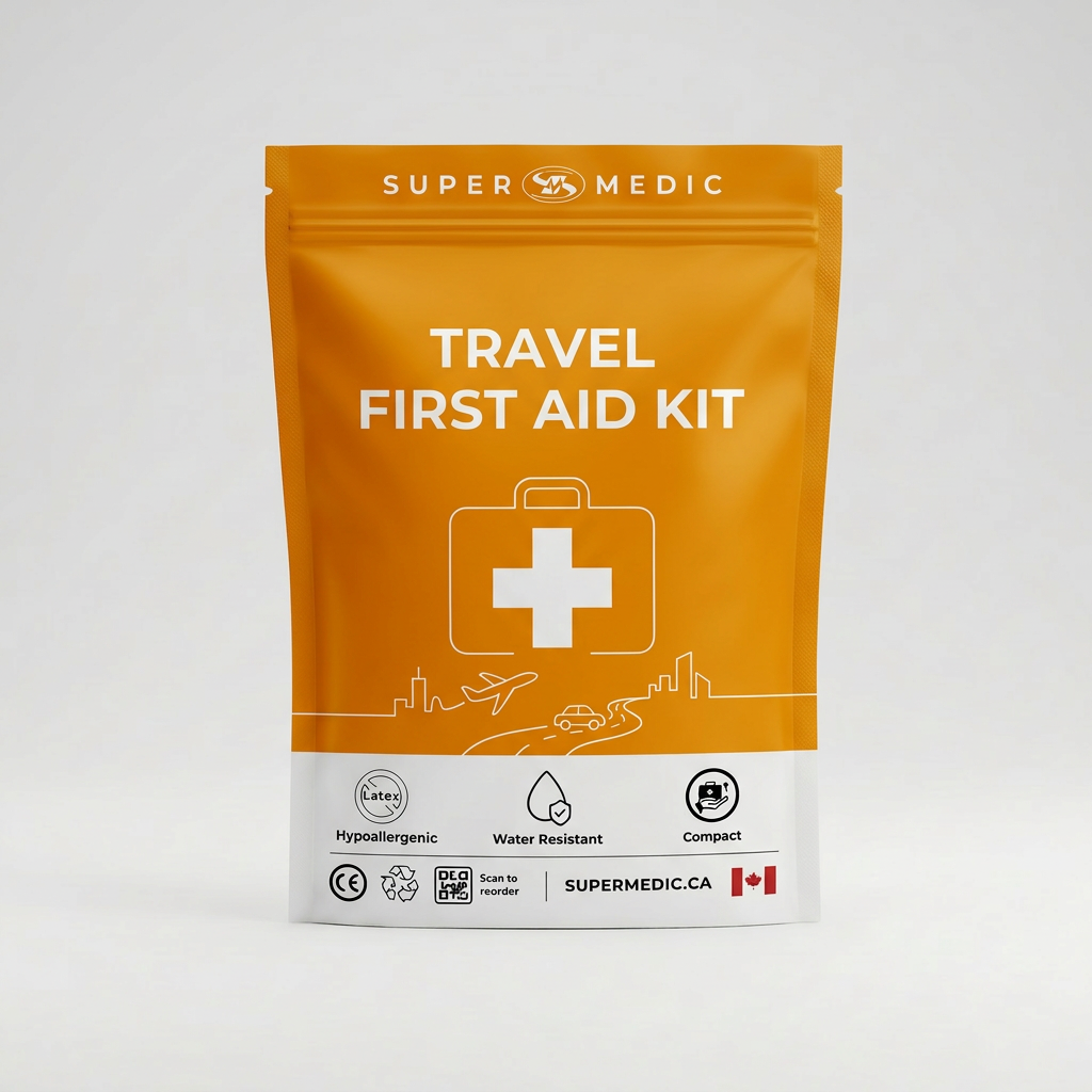 Trousse de secours de voyage SuperMedic avec pansements, médicaments et outils essentiels pour premiers soins.