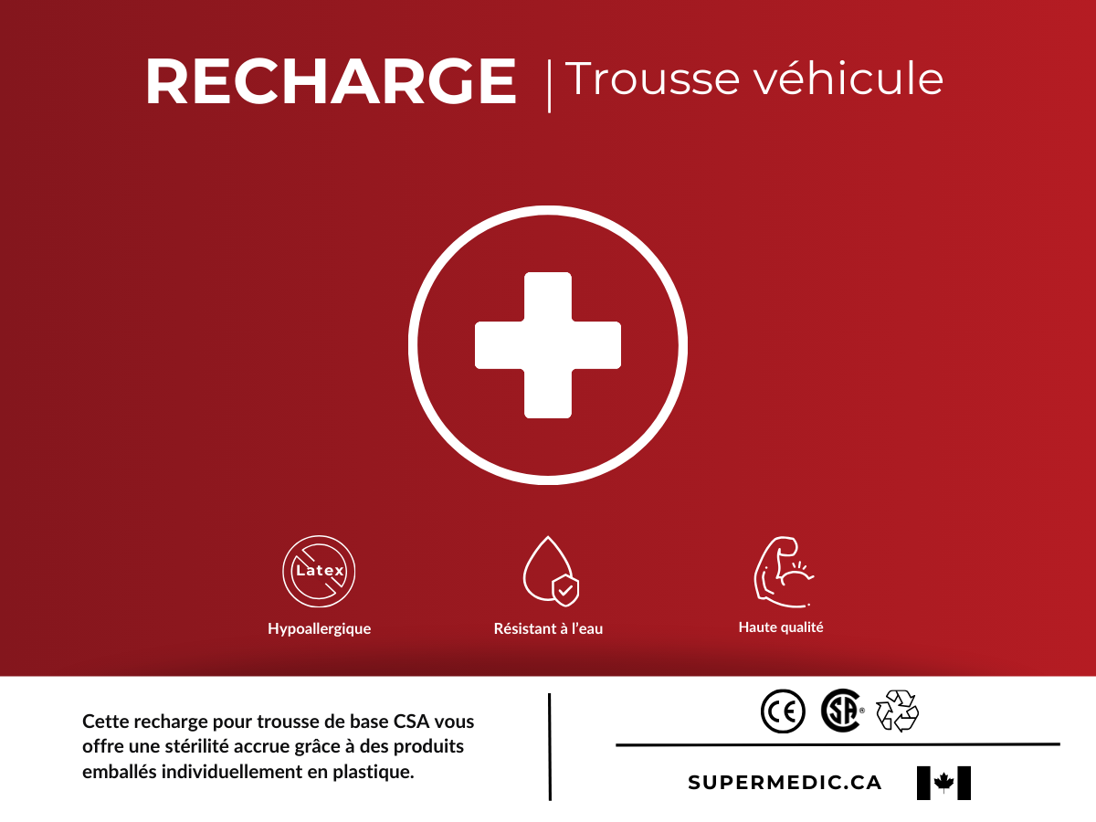 Contenu de la recharge trousse véhicule SuperMedic - bandages compressifs, gaze stérile et tampons antiseptiques conformes normes CSA