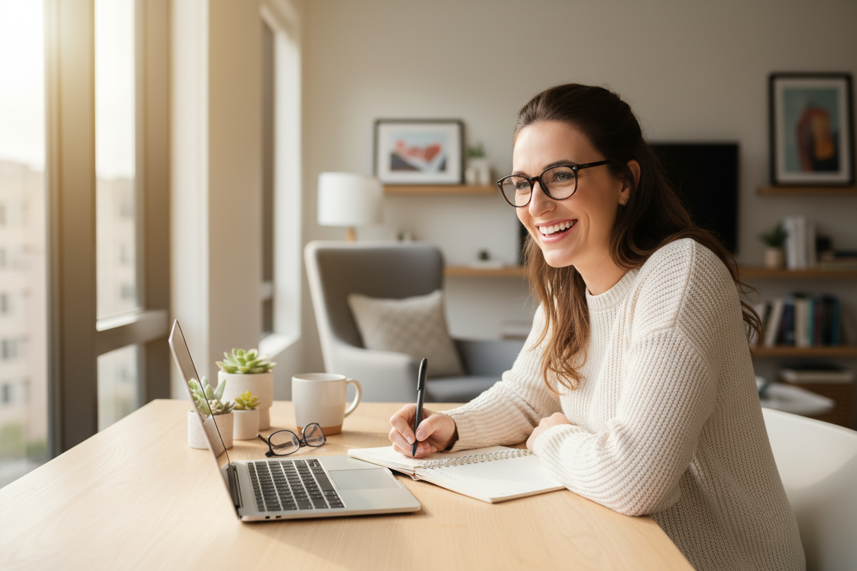 Generate an image of a women on her computer taking notes and smiling who is learning something. I don't want to see what is on the computer screen have the computer facing her. Have a room that is illuminated